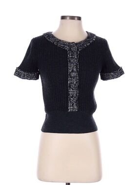 CHANEL Black Short-Sleeve Ribbed Knit Top with Tweed Trim